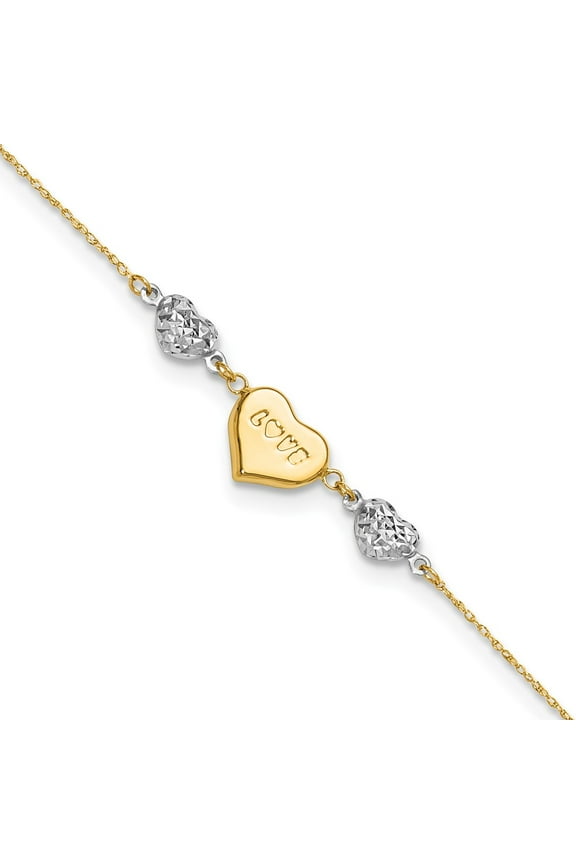 14 Karat Two-Tone Diamond-cut Puffed Heart LOVE 9-inch Plus 1-inch Extension Anklet