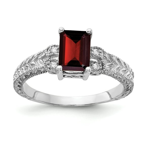 Primal Gold 14 Karat White Gold 7x5mm Emerald Cut Garnet and AAA Diamond Ring