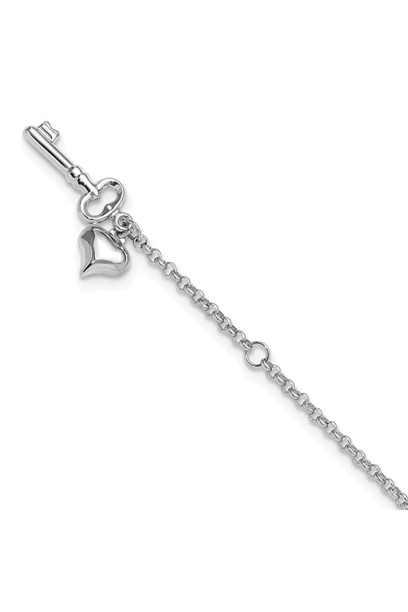 14 Karat White Gold Adj Puffed Heart Key 9-inch Plus 1-inch Extension Anklet