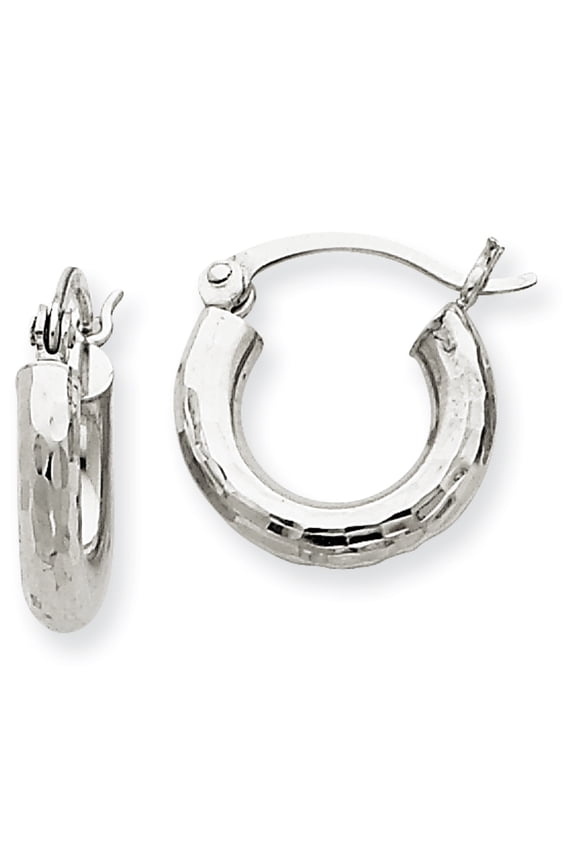 14 Karat White Gold Diamond-cut 3mm Round Hoop Earrings