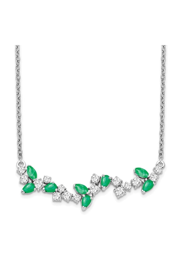 14 Karat White Gold Emerald and Diamond 18-inch Floral Bar Necklace