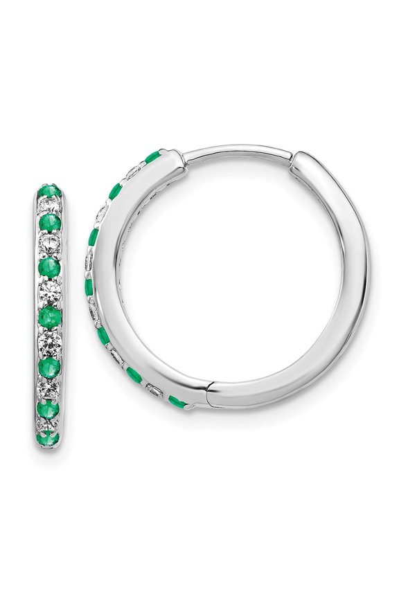 14 Karat White Gold Lab Grown Diamond SI1/SI2, G H I and Lab Created Emerald Hinged Hoop Earrings