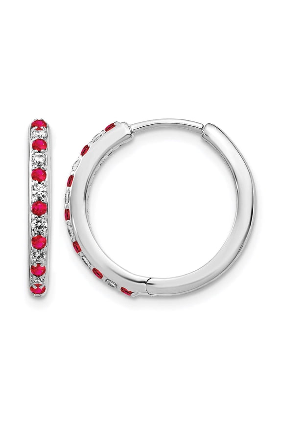 14 Karat White Gold Lab Grown Diamond SI1/SI2, G H I and Lab Created Ruby Hinged Hoop Earrings