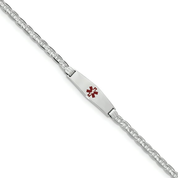 Primal Gold 14 Karat White Gold Medical Soft Diamond Shape Red Enamel Anchor Link ID Bracelet