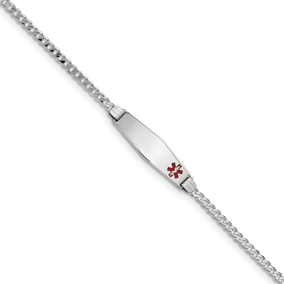 Primal Gold 14 Karat White Gold Medical Soft Diamond Shape Red Enamel Flat Curb Link ID Bracelet