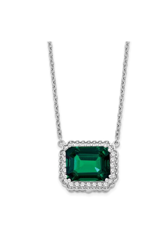 14 Karat White Gold Octagon Lab Created Emerald and Diamond 18-inch Necklace