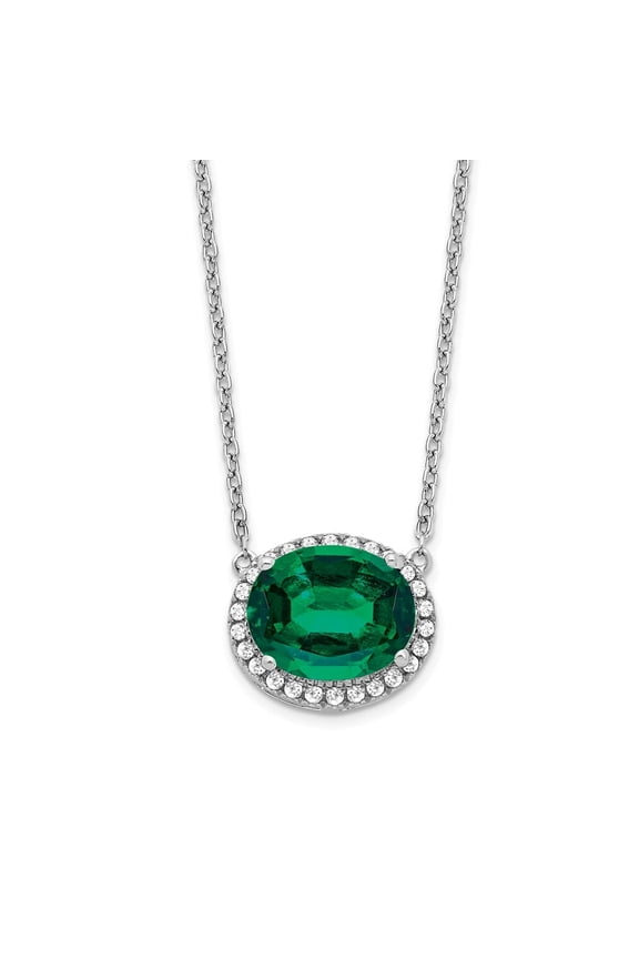 14 Karat White Gold Oval Lab Created Emerald and Diamond 18-inch Halo Necklace