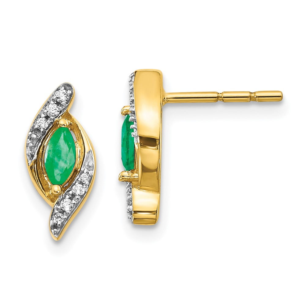 Primal Gold 14 Karat Yellow Gold 1/15Ct Diamond and Emerald Earrings