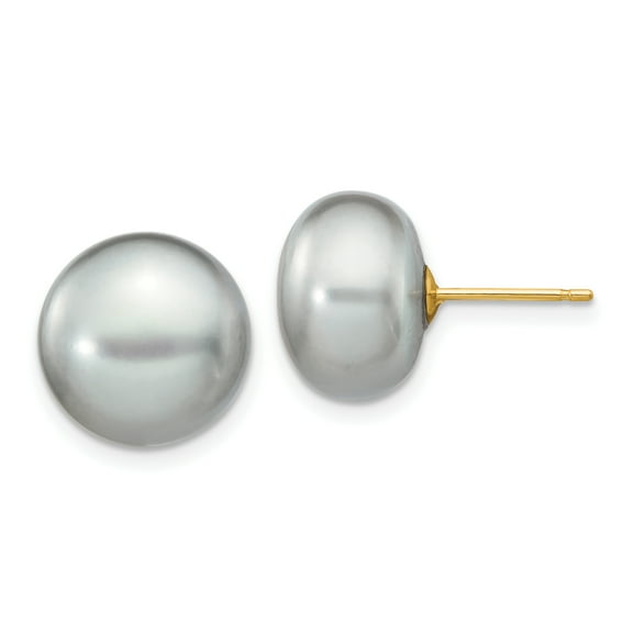 Primal Gold 14 Karat Yellow Gold 11-12mm Grey Button Freshwater Cultured Pearl Stud Post Earrings