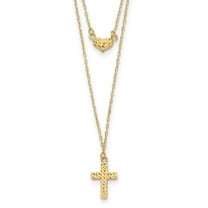 Primal Gold 14 Karat Yellow Gold 2-Strand Diamond-cut Cross and Heart with 2-inch Extension Necklace