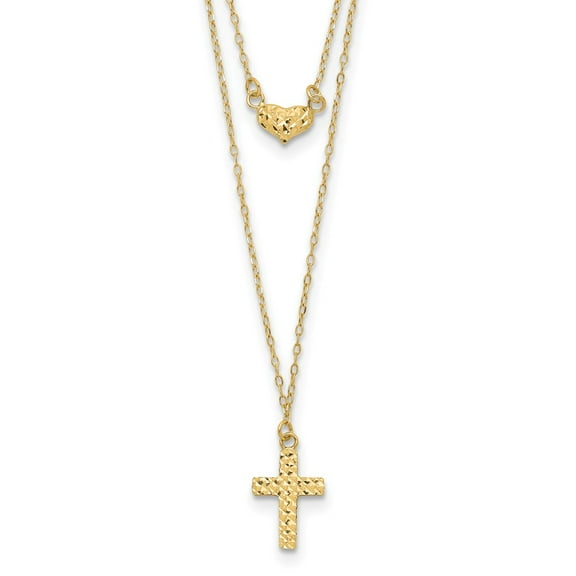 Primal Gold 14 Karat Yellow Gold 2-Strand Diamond-cut Cross and Heart with 2-inch Extension Necklace