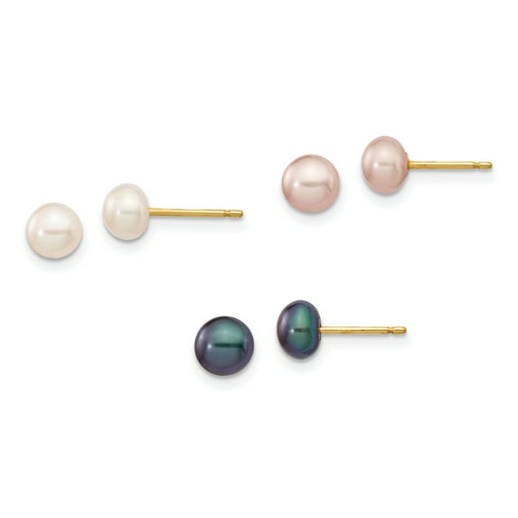 Primal Gold 14 Karat Yellow Gold 5-6mm Button Freshwater Cultured Pearl Boxed 3 pair Post Earrings Set