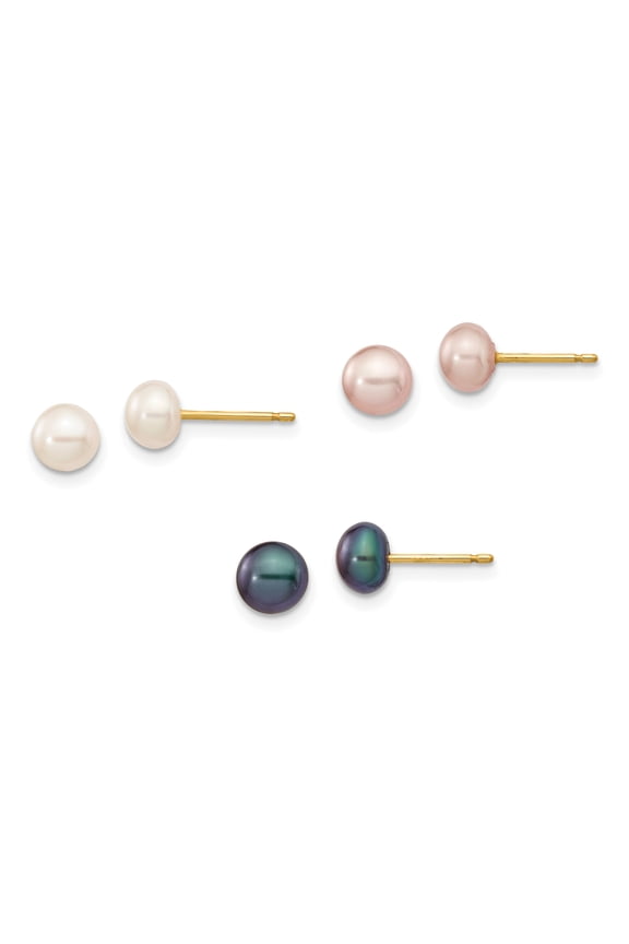 14 Karat Yellow Gold 5-6mm Button Freshwater Cultured Pearl Boxed 3 pair Post Earrings Set