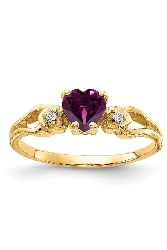 14 Karat Yellow Gold 5mm Heart Rhodolite Garnet and Diamond Ring