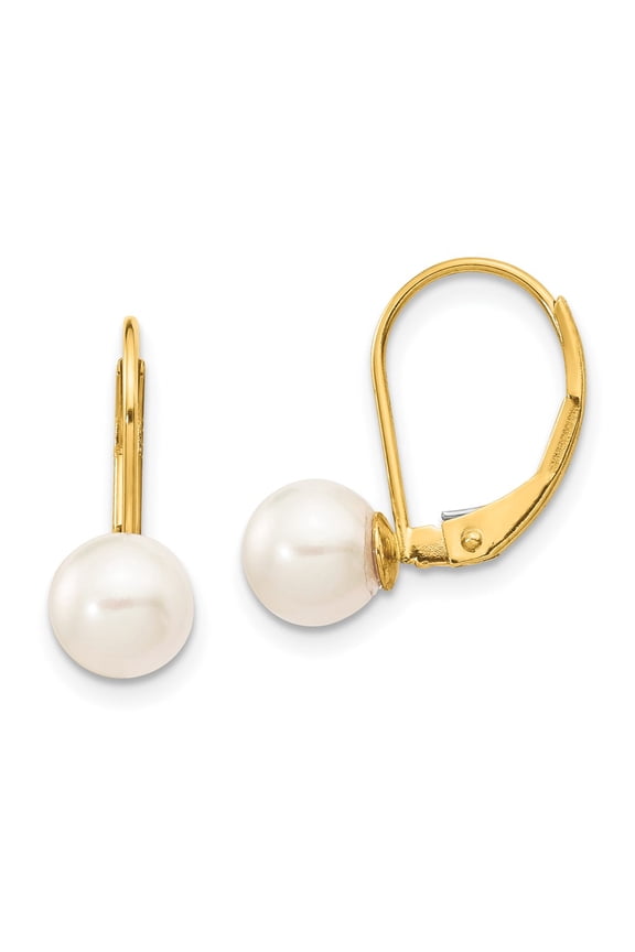 14 Karat Yellow Gold 6-7mm White Round Saltwater Akoya Cultured Pearl Leverback Earrings
