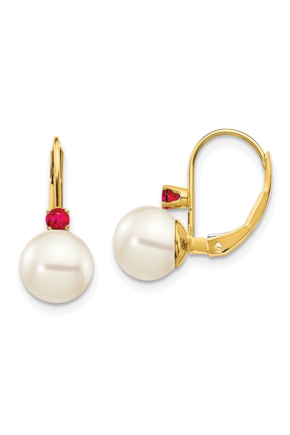 14 Karat Yellow Gold 7-7.5mm White Round Freshwater Cultured Pearl Ruby Leverback Earrings
