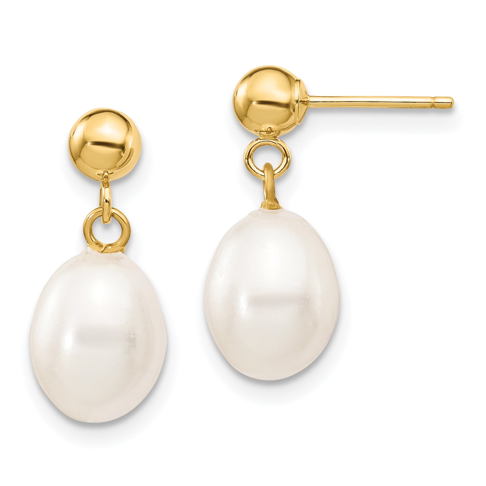 Primal Gold 14 Karat Yellow Gold 7-8mm White Rice Freshwater Cultured Pearl Dangle Post Earrings