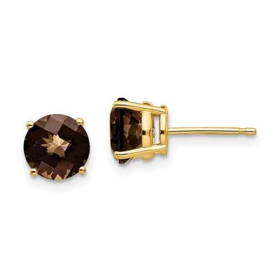 Primal Gold 14 Karat Yellow Gold 7mm Round Checker Cut Smoky Quartz Earrings