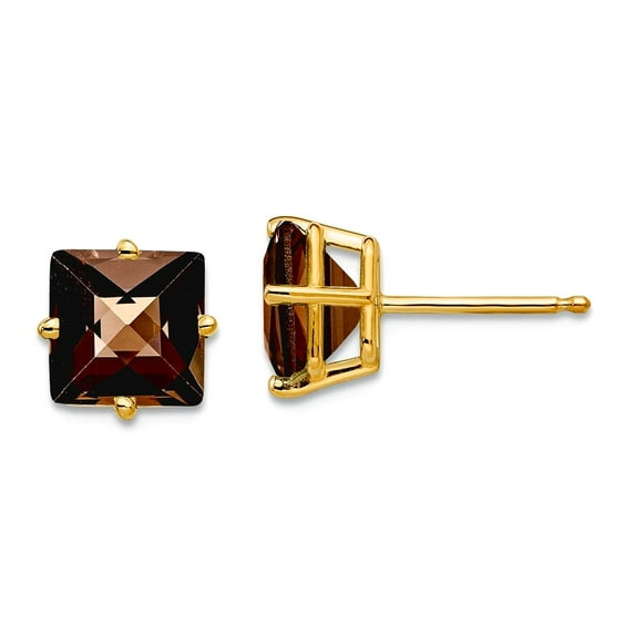 Primal Gold 14 Karat Yellow Gold 7mm Square Checker Cut Smoky Quartz Earrings