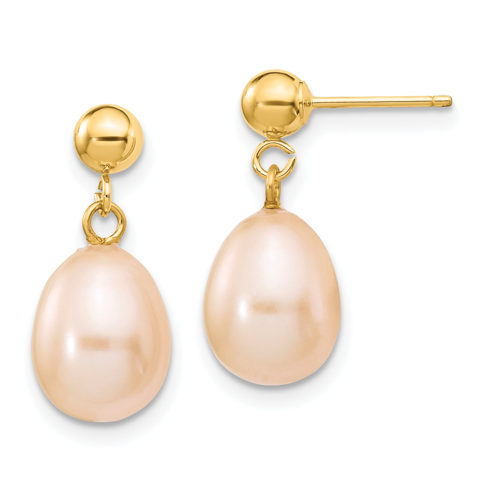 Primal Gold 14 Karat Yellow Gold 8-9mm Pink Rice Freshwater Cultured Pearl Dangle Post Earrings