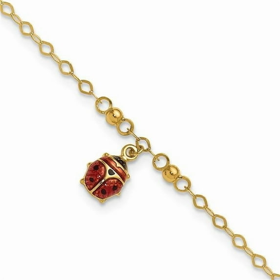 Primal Gold 14 Karat Yellow Gold Adjustable Enameled Ladybug 9-inch Plus 1-inch Extension Anklet