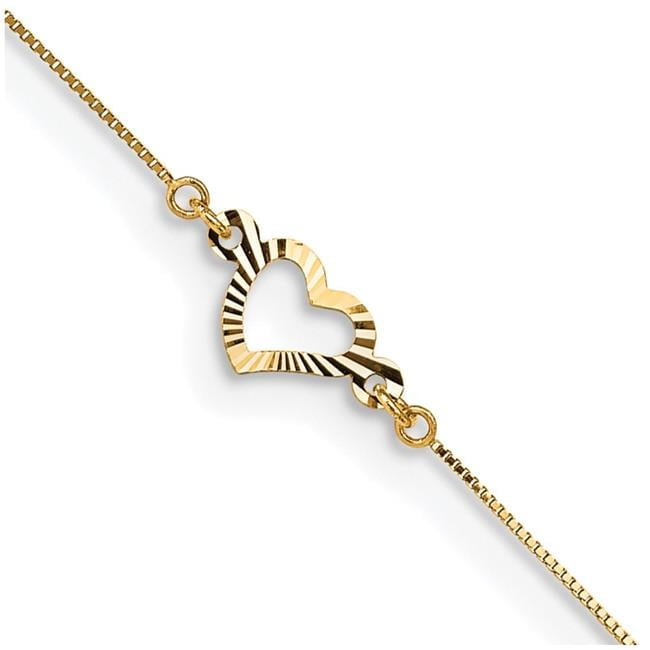 Primal Gold 14 Karat Yellow Gold Adjustable Heart 9-inch Plus 1-inch Extension Anklet