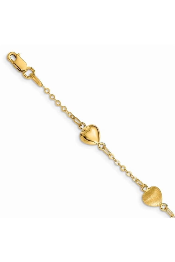 14 Karat Yellow Gold Brushed and Polished Hearts Bracelet