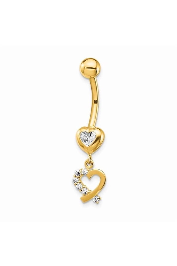 14 Karat Yellow Gold Cubic Zirconia 2-Hearts Dangle Belly Ring