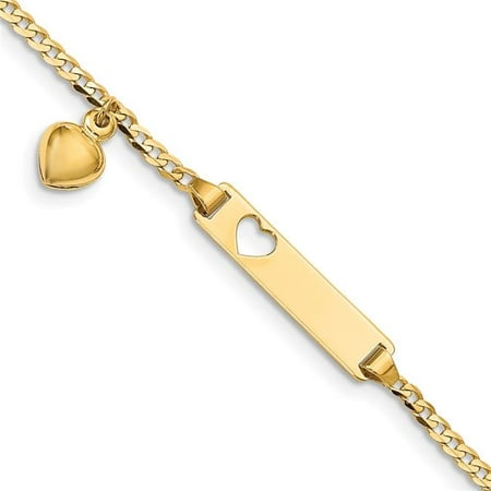 Primal Gold 14 Karat Yellow Gold Cut-out Heart with Dangling Heart Children's Curb Link ID Bracelet