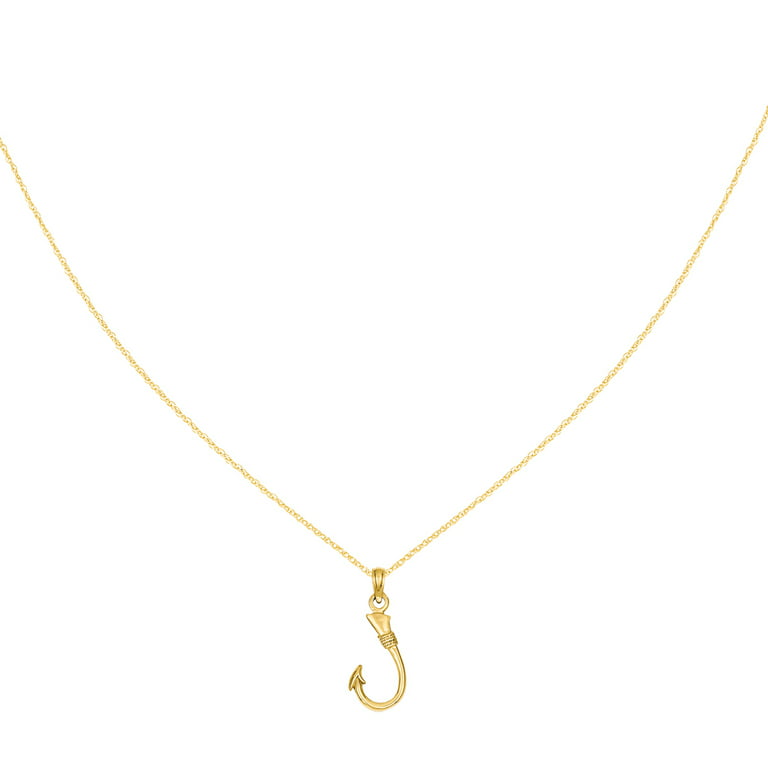 Primal Gold 14 Karat Yellow Gold Fish Hook Pendant with 18-inch Cable Rope  Chain
