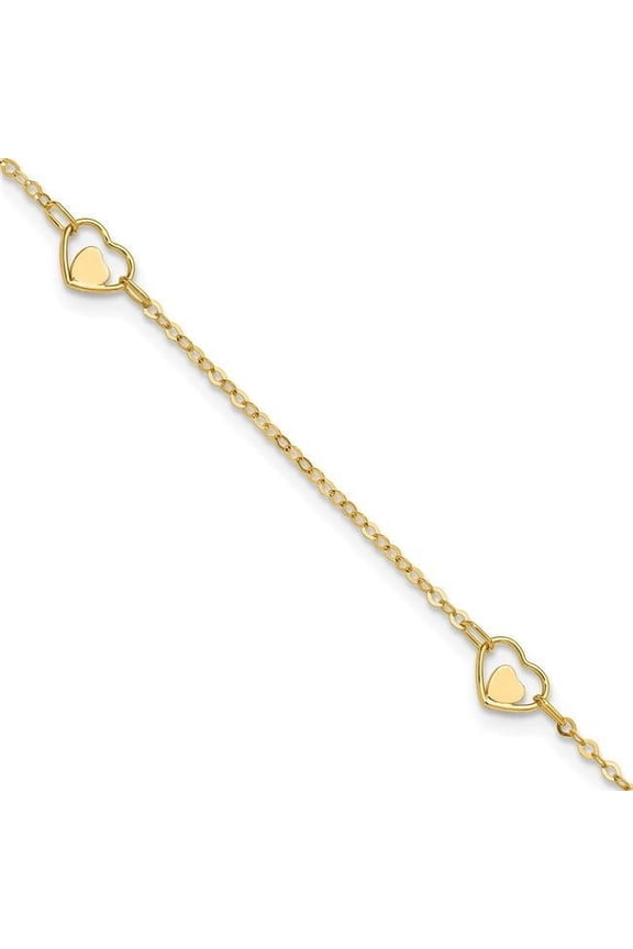 Primal Gold 14 Karat Yellow Gold Heart 9-inch Plus 1-inch Extension Anklet