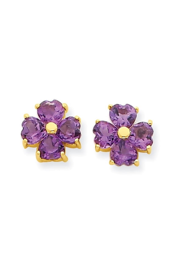 14 Karat Yellow Gold Heart-shaped Amethyst Flower Post Earrings