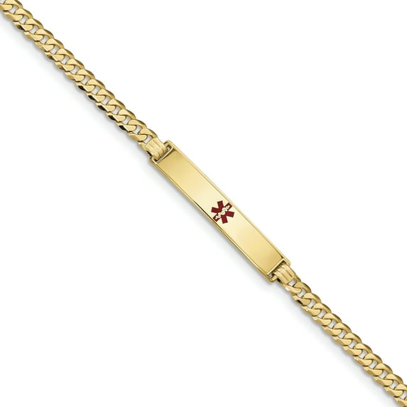Primal Gold 14 Karat Yellow Gold Medical Red Enamel Flat Curb Link ID Bracelet