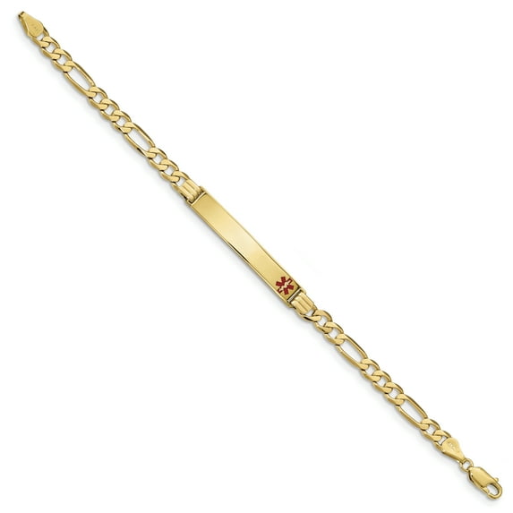 Primal Gold 14 Karat Yellow Gold Medical Red Enamel Flat Figaro Link ID Bracelet