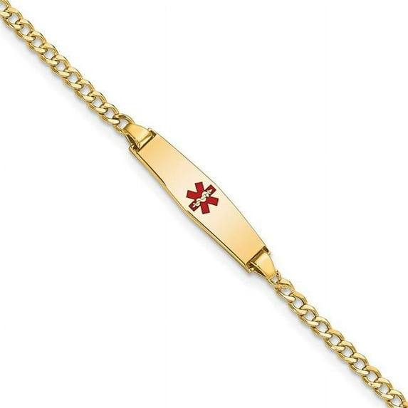 Primal Gold 14 Karat Yellow Gold Medical Semi-Solid Soft Diamond Shape Red Enamel ID Cuban Bracelet