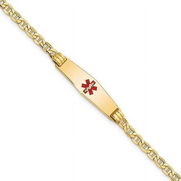 Primal Gold 14 Karat Yellow Gold Medical Semi-solid Soft Diamond Shape Red Enamel Anchor ID Bracelet