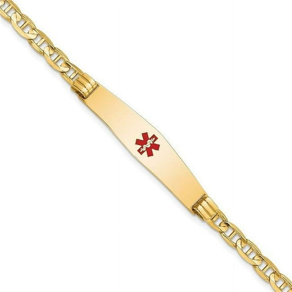 Primal Gold 14 Karat Yellow Gold Medical Soft Diamond Shape Red Enamel Anchor Link ID Bracelet