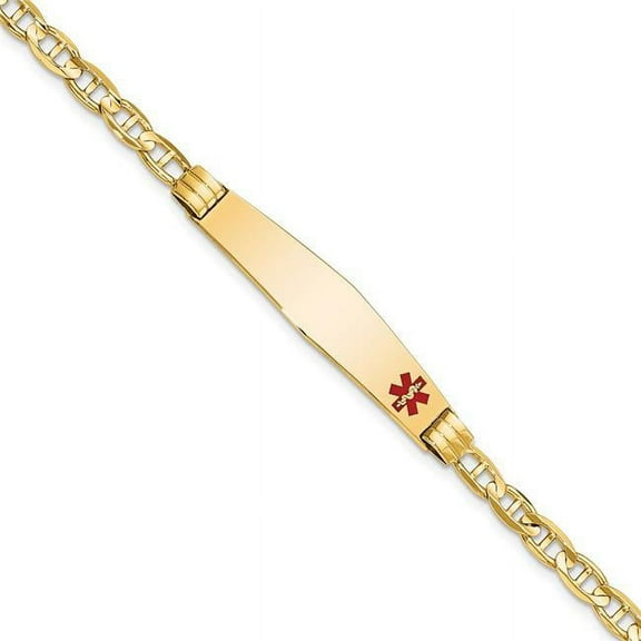 Primal Gold 14 Karat Yellow Gold Medical Soft Diamond Shape Red Enamel Anchor Link ID Bracelet