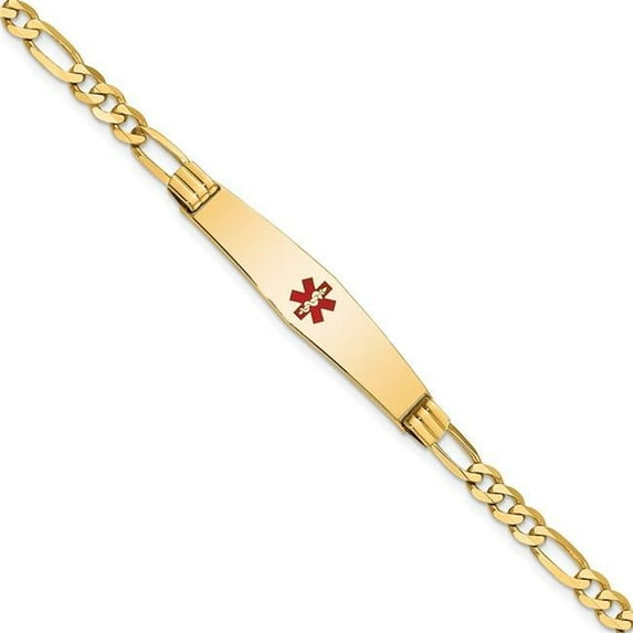 Primal Gold 14 Karat Yellow Gold Medical Soft Diamond Shape Red Enamel Figaro ID Bracelet