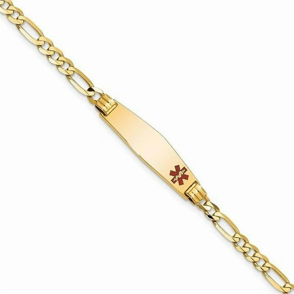 Primal Gold 14 Karat Yellow Gold Medical Soft Diamond Shape Red Enamel Figaro ID Bracelet