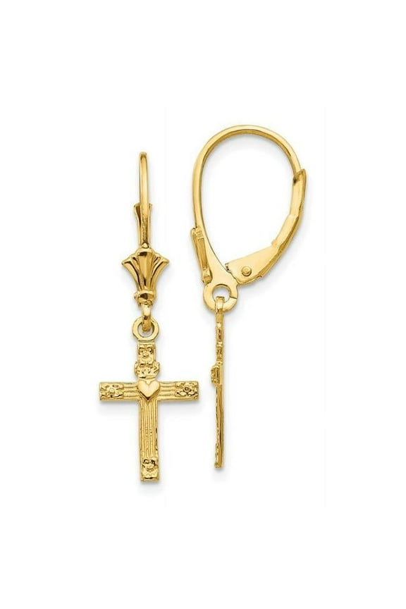 14 Karat Yellow Gold Mini Cross with Heart Leverback Earrings