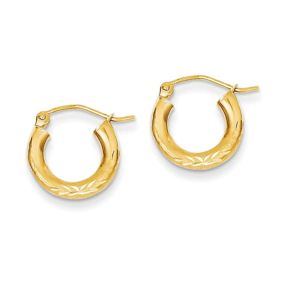 Primal Gold 14 Karat Yellow Gold Satin and Diamond-cut 3mm Round Hoop Earrings