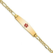 Primal Gold 14 Karat Yellow Gold Semi-Solid Medical Soft Diamond Shape Red Enamel Figaro ID Bracelet