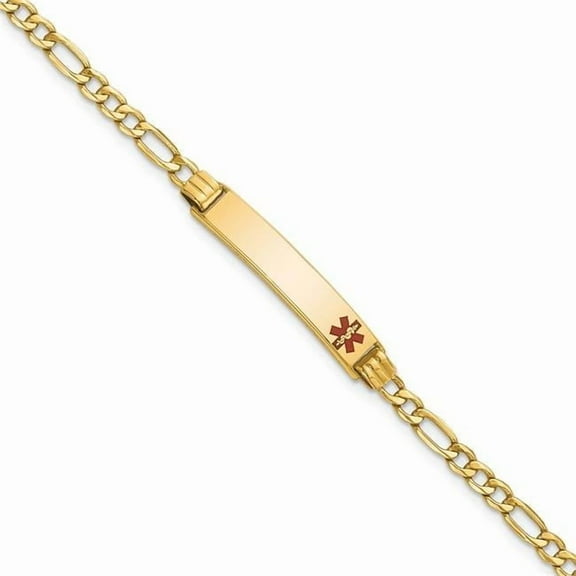 Primal Gold 14 Karat Yellow Gold Semi-solid Medical Red Enamel Figaro ID Bracelet