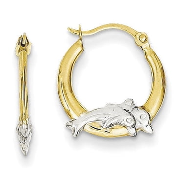 Goldum NYC 14K Yellow & White Gold Polished Jumping Dolphin Round Hoop Earrings - Made In Italy