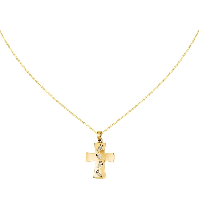 Primal Gold 14 Karat Yellow Gold and Rhodium Footprints Cross Pendant with 18 inch Cable Rope Chain