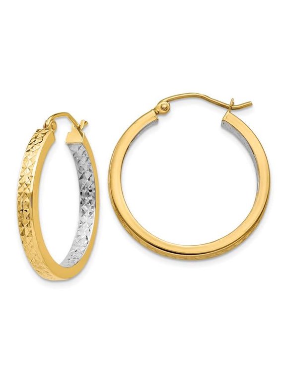 14 Karat Yellow Gold and Rhodium-played Light Square Diamond-cut Hoop Earrings