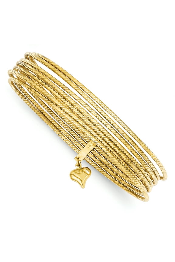 14 Karat Yellow Gold with Dangle Heart Slip-on Set of 7 Textured Bangles