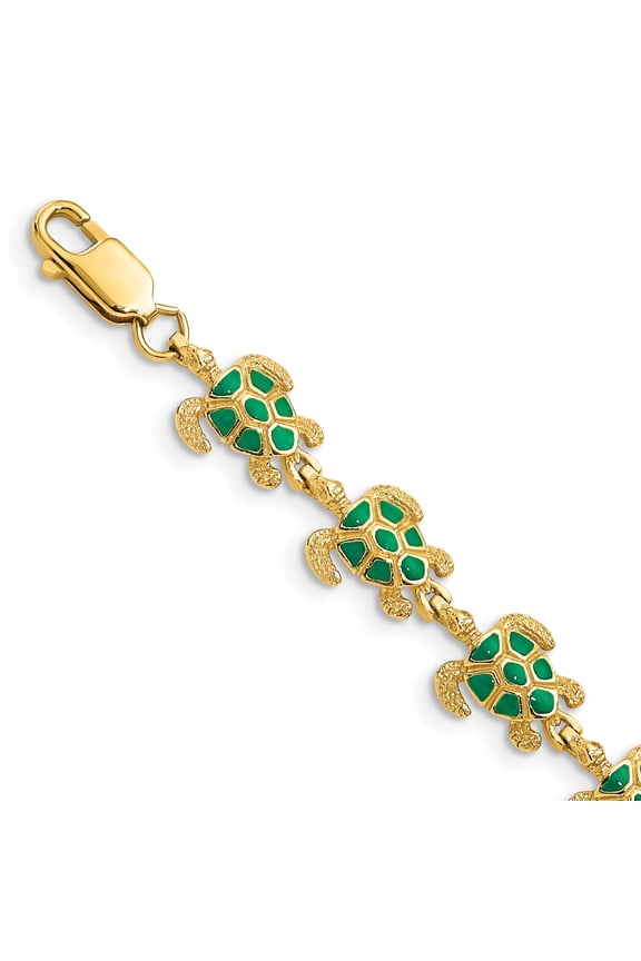 14 Karat Yellow Gold with Green Enamel Sea Turtle Bracelet