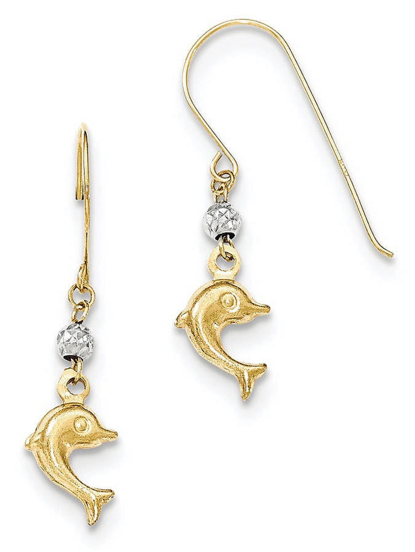 Primal Gold 14K Two Tone Gold Puffed Dolphin Shepherd Hook Earrings